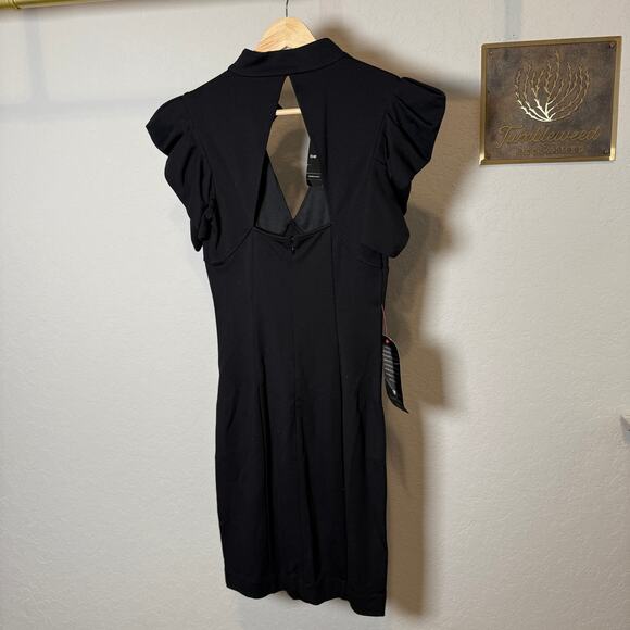 Women's Bebe Black Ruffle Sleeve Keyhole Back Sheath Dress Size XS NEW - Picture 7 of 10
